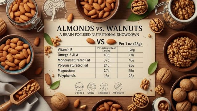 Infographic comparing the nutritional value of almonds and walnuts, including Vitamin E, magnesium, and antioxidant content