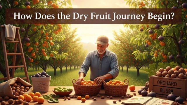 Illustration showing the journey of dry fruit from harvesting to processing, highlighting the steps involved in its preparation.