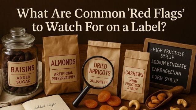 Common red flags to watch for on dry fruit labels including long ingredient lists, added sugars, and misleading natural claims