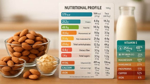 Complete nutritional breakdown of almonds showing vitamin, mineral, and macronutrient density