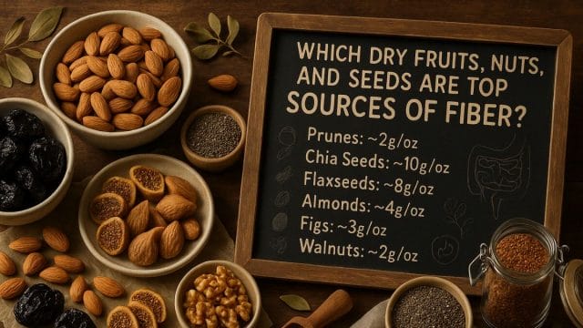 Top high fiber dry fruits, nuts, and seeds including almonds, dates, pistachios, and flaxseed displayed on a rustic wooden table