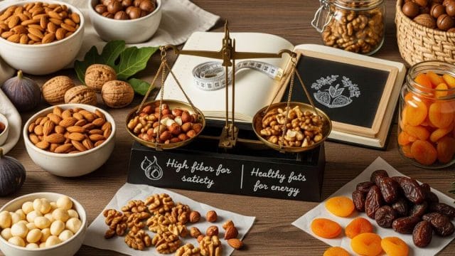 Assorted nuts and dried fruits displayed on a rustic wooden board, illustrating their health benefits for a Paleo diet