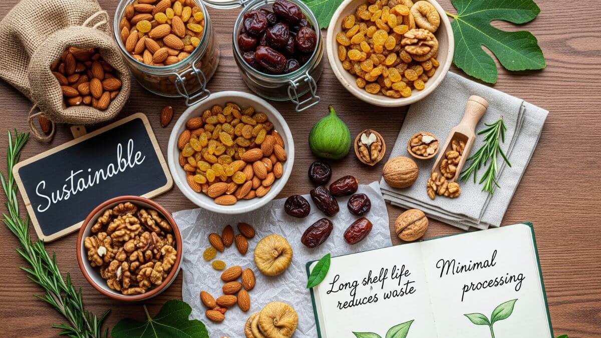Dry fruits in eco-friendly packaging highlighting their role as a sustainable whole food option with reduced food waste potential