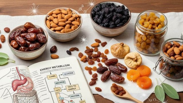 Visual representation of how the human body digests and converts energy from dry fruits like dates, almonds, and raisins