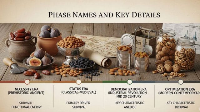 Infographic showing key phases and details related to dry fruit classification, processing, or historical development