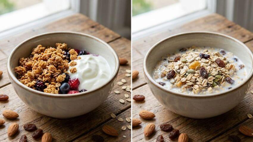 Side by side comparison of homemade crunchy granola clusters and traditional raw muesli with dry fruits and nuts